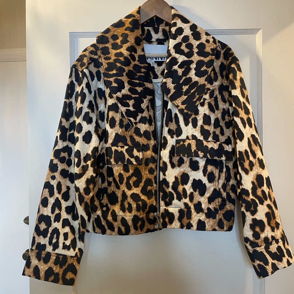 Ganni leopard wide collar jacket